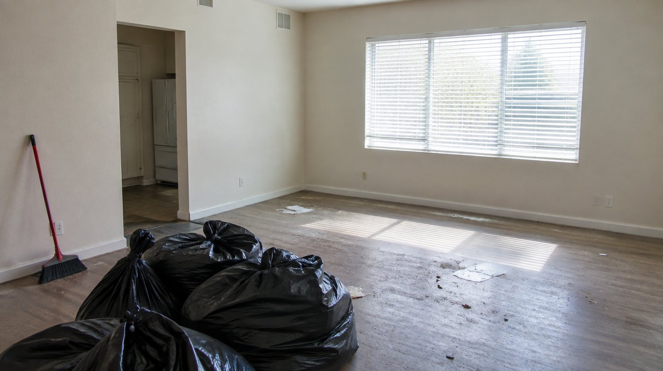 Empty rental living room during a post-eviction trash-out