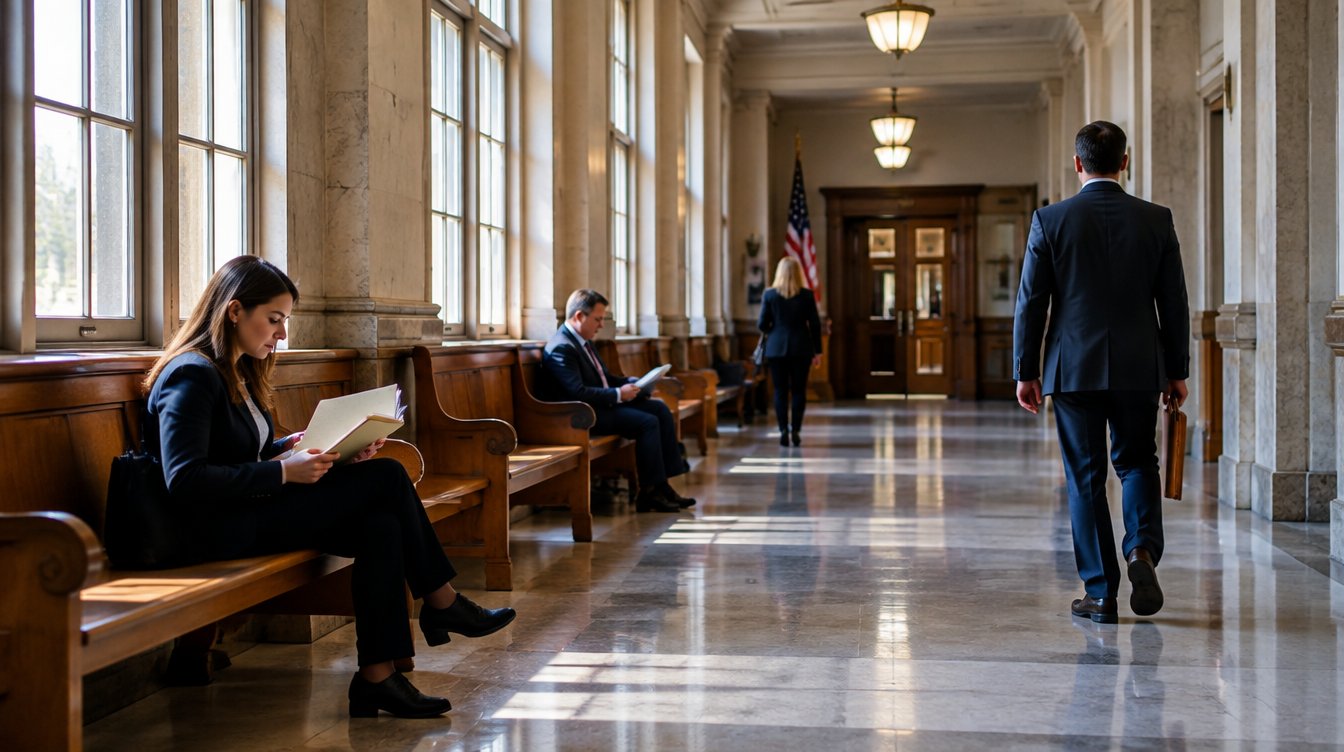 Quiet county courthouse hallway with case folders after an eviction hearing