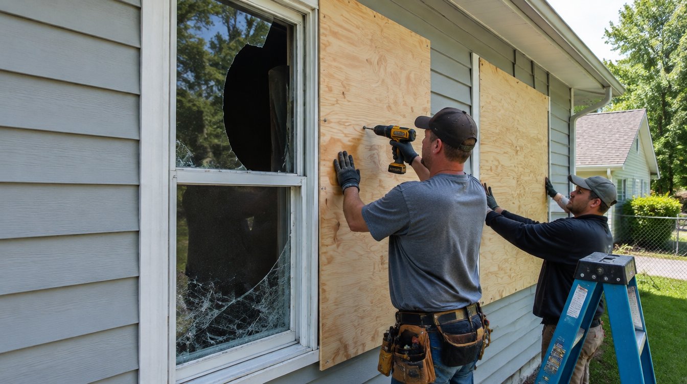 Plywood board-up on a residential window during winterization