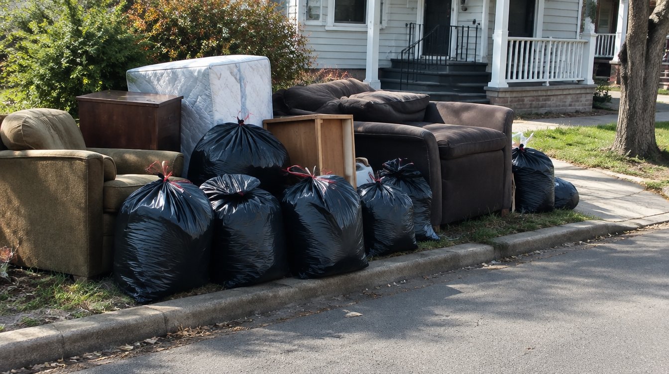 Junk removal bags and furniture at the curb after eviction