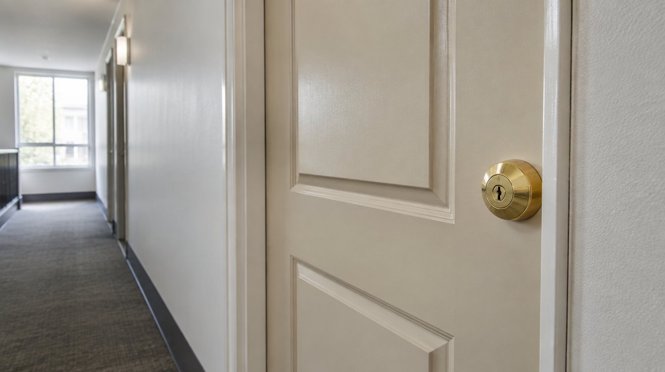 Apartment door with a new deadbolt after a vacancy lock change