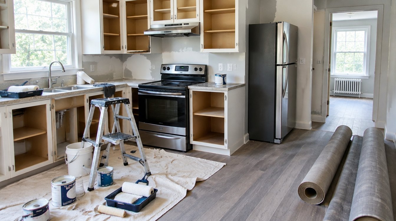 Make-ready renovation supplies in a rental kitchen