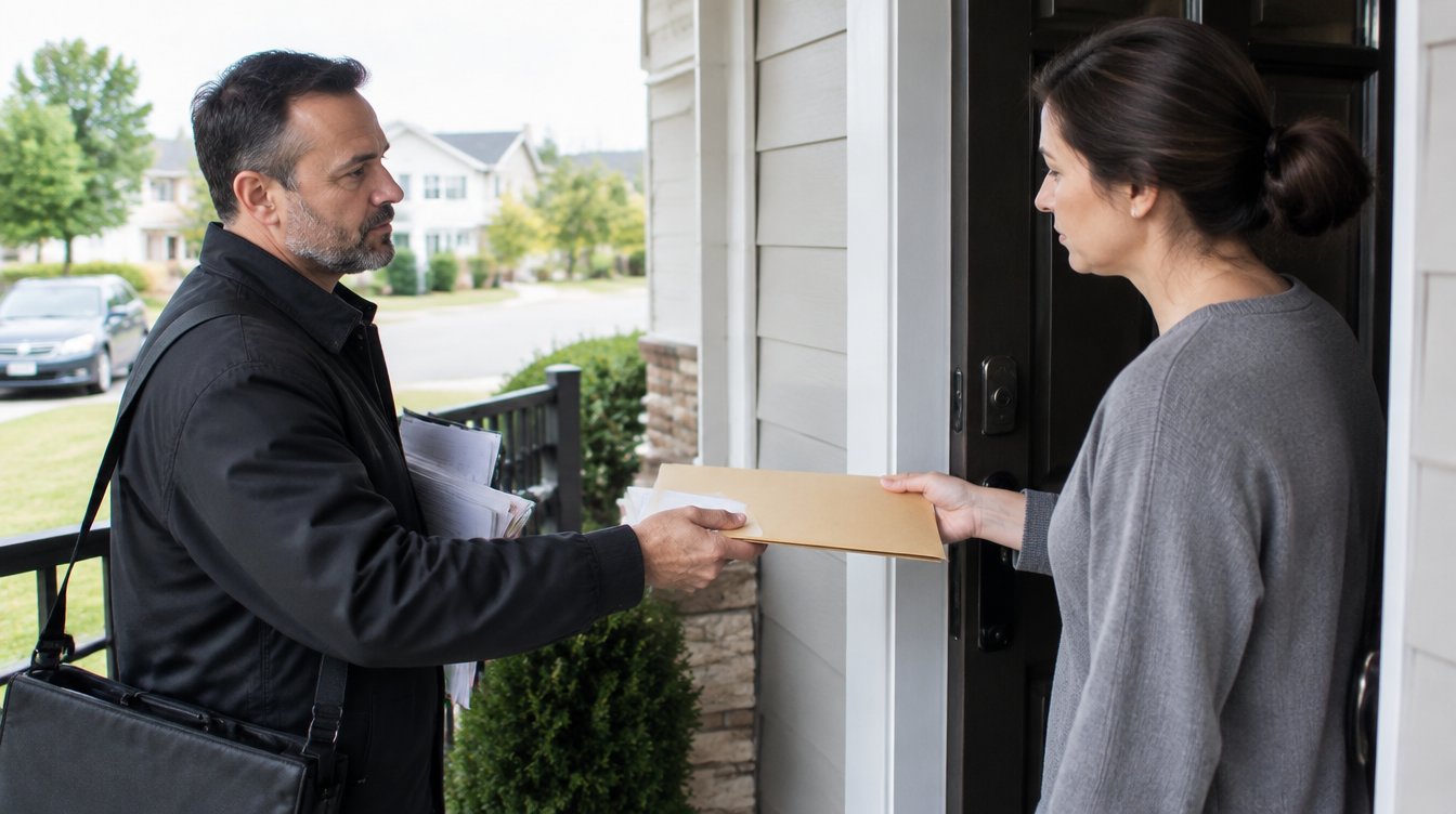 Process server delivering court documents at a front door