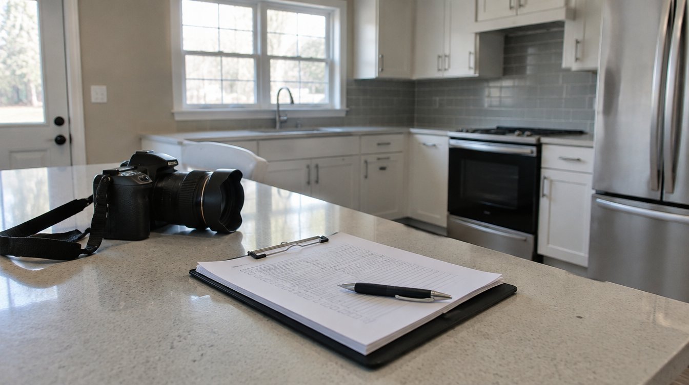 Property inspection clipboard used for occupancy verification in a vacant rental kitchen