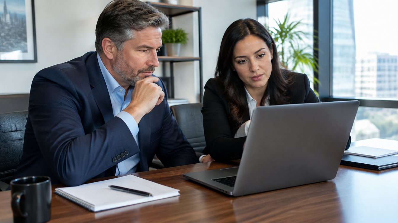 Property manager reviewing past-due rent on a laptop